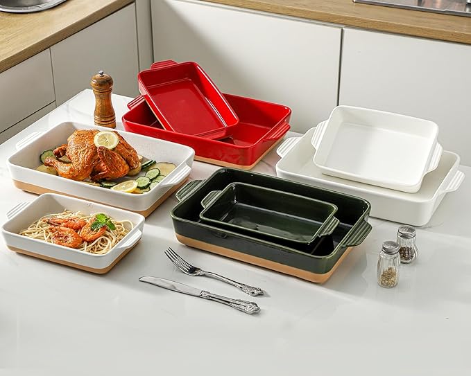 Ceramic Baking Casserole Dish with Handles, Large 9x13 inch Pan and Middle Baking Pan - Porcelain Serving Bakeware Set (Farmhouse White) - Image 6
