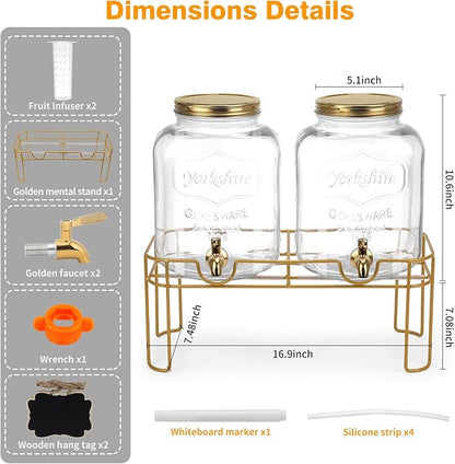 1.6 gallon Glass Beverage Dispenser with Stand, 2PACK Lemonade Dispenser with Spigot Stainless Steel, Drink Dispensers for Parties,Picnic,Weddings(Golden) - Image 2