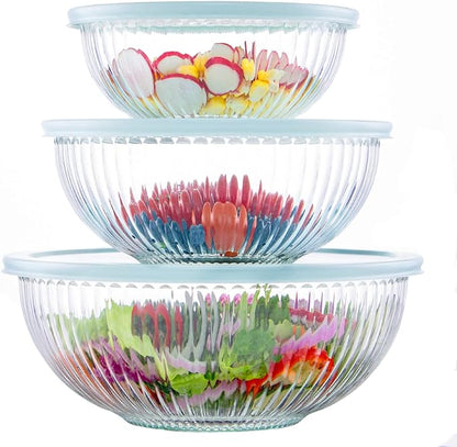 Luvan Glass Mixing Bowls with Lids Set(3.7QT, 2.1QT, 1.1QT),3PC Glass Nesting Bowl, Large Salad Bowls Sets with lids,Clear Cooking Bowl for Kitchen Prep,Food Storage,Baking,Microwave and Oven Safe by Luvan