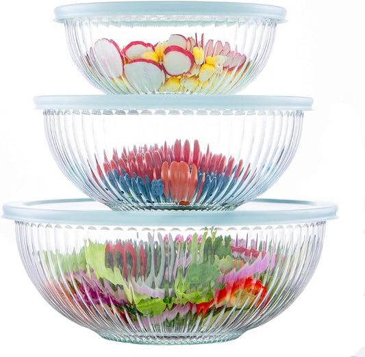 Luvan Glass Mixing Bowls with Lids Set(3.7QT, 2.1QT, 1.1QT),3PC Glass Nesting Bowl, Large Salad Bowls Sets with lids,Clear Cooking Bowl for Kitchen Prep,Food Storage,Baking,Microwave and Oven Safe by Luvan