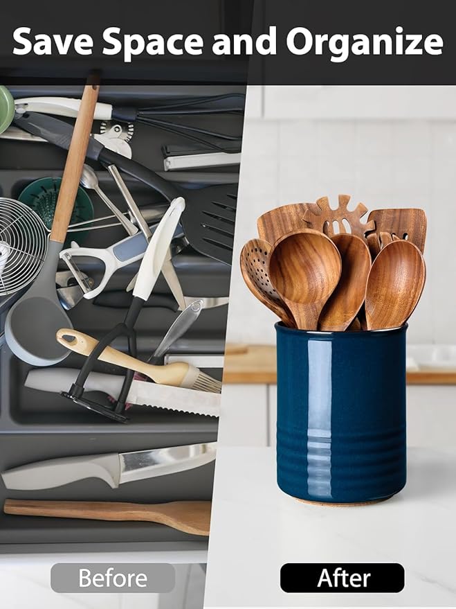 ABRUTY Utensil Holder, 6.7" Ceramic Kitchen Utensil Crock for Countertop Cooking, Modern Utensil Caddy Jar Organizer for Farmhouse Kitchen Counter Décor, Flambe Blue - Image 8