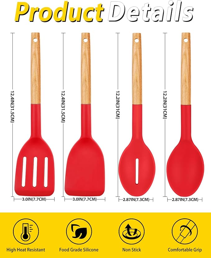 Pack of 4 Silicone Cooking Utensils Set, Non Stick Solid Spatulas and Heat Resistant Slotted Spoons with Wooden Handle, Ideal Wood Kitchen Utensils Set for Frying,Serving,Turning,Stirring (RED) - Image 3