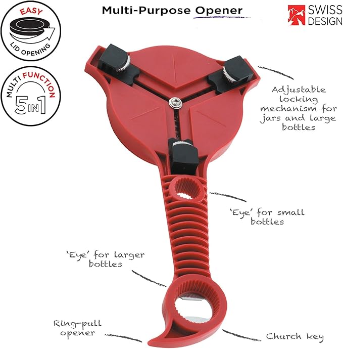 Kuhn Rikon 5-in-1 Multi-Purpose Strain-Free Opener for Jars, Bottles and Ring-Pull Cans, 5 x 10 x 2.25 inches, Red - Image 2