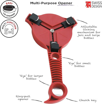 Kuhn Rikon 5-in-1 Multi-Purpose Strain-Free Opener for Jars, Bottles and Ring-Pull Cans, 5 x 10 x 2.25 inches, Red - Image 2