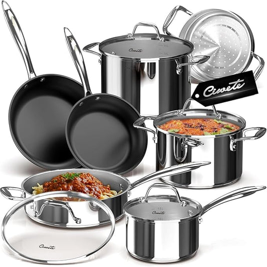Ciwete 11-Piece Stainless Steel Pots and Pans Set Non Stick, Tri-Ply Stainless Steel Cookware Set, Induction Kitchen Cookware Sets with Steamer Insert & Stay-Cool Handles, Dishwasher, Oven Safe