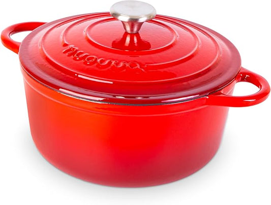 Cast Iron Pot with Lid – Non-Stick Ovenproof Enamelled Casserole Pot, Oven Safe up to 500° F – Sturdy Dutch Oven Cookware – Red, 5-Quart, 24cm – by Nuovva by Nuovva