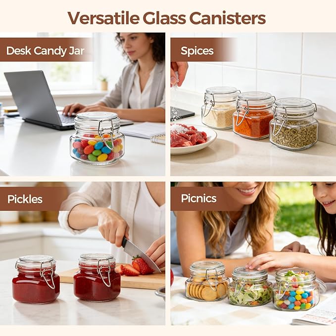 ComSaf Set of 6 Square Glass Jars with Airtight Wire Clamp Lids (17 Oz), Wide Mouth Pantry Canisters for Overnight Oats, Jam, Pickling, Spice Storage, Gifts - Image 7