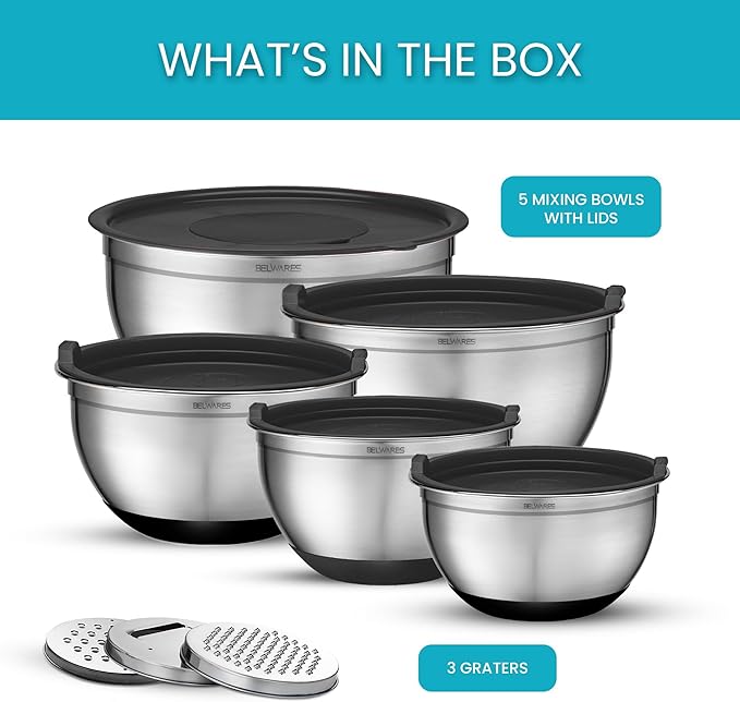 Belwares Mixing Bowls with Lids Set of 5 - Stainless Steel Mixing Bowl Set, Kitchen Nesting Metal Bowls with Non Slip Bottoms + 3 Grater Attachments, Airtight Lids, Food Prep + Storage, Matte Black - Image 7