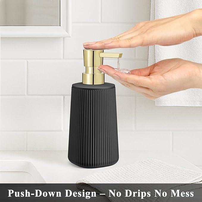 Black and Gold 2 Pack Hand Soap Dispensers Set with No Rust Pump for Bathroom and Kitchen Countertops Refillable Matte Striped Plastic 8.5 oz