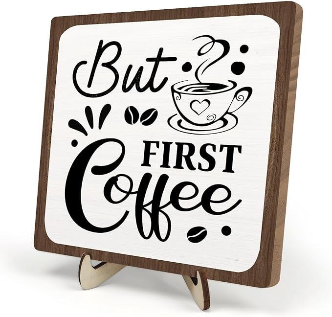 Coffee Bar Sign Plaque, Coffee Bar Accessories,Rustic Farmhouse Cafe Sign for Kitchen Office,Wooden Tabletop Plaque with Stand,Cute Mini Café Bar Decor Gift 5.9x5.9inch by DMADNF