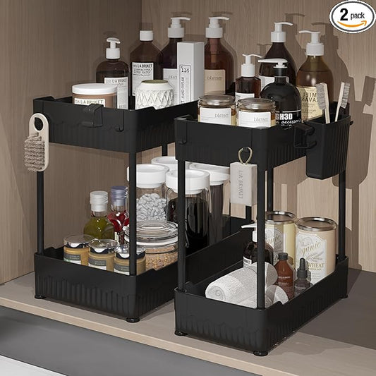 Sevenblue 2 Pack Under Sink Organizer, Under Bathroom Cabinet Organizer with Hooks Hanging Cup, Multi-Purpose Storage Shelf for Kitchen Bathroom (Black, 14.8 Inch) by Sevenblue