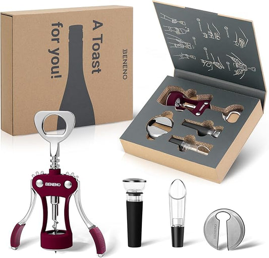 Beneno Multifunctional Wine Bottle Opener Gift Set - Wing Corkscrew, Foil Cutter, Vacuum Stopper & Aerator Pourer, Perfect for Wine Lovers Man Woman, Purple Set by Beneno