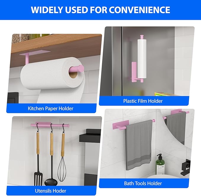 Paper Towel Holder Under Cabinet, Self-Adhesive,No Drilling, Stainless Steel, Wall-Mounted for Kitchen and Bathroom, Easy Install, Durable, Space-Saving, Ideal for Home, RV (Pink, 2 Pack) - Image 3