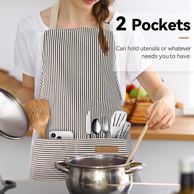 NLUS 2 Pack Cooking Aprons for Women with Pockets, Adjustable Kitchen Bib Aprons Chef Aprons for Women Men(Brown Pinstripes) - Image 2