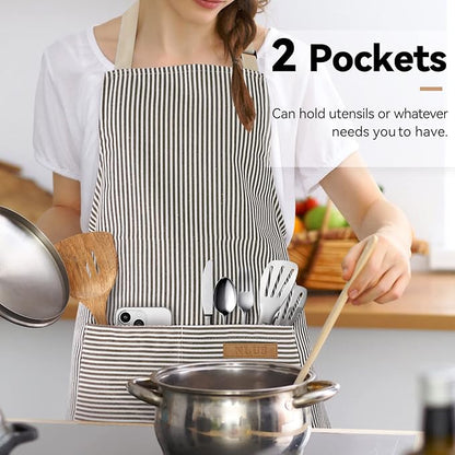 NLUS 2 Pack Cooking Aprons for Women with Pockets, Adjustable Kitchen Bib Aprons Chef Aprons for Women Men(Brown Pinstripes) - Image 2