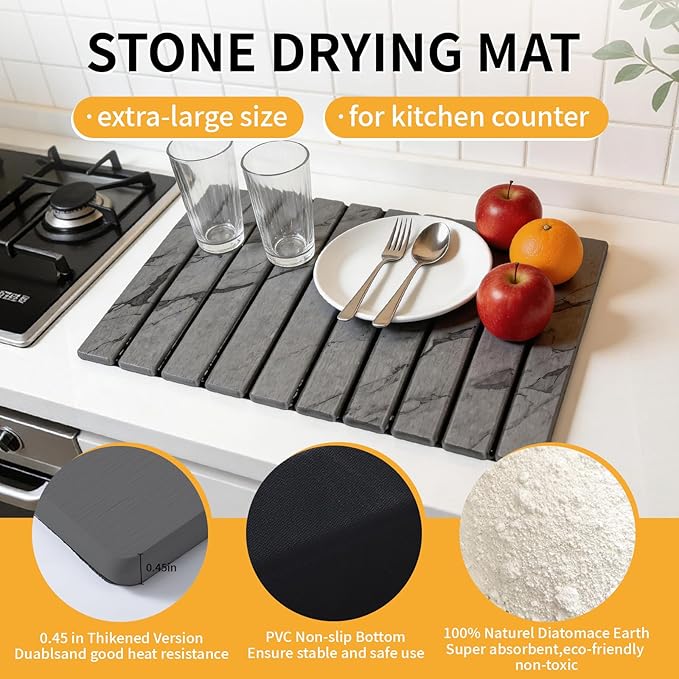 Stone Dish Drying Mat for Kitchen Counter, 24"×16" Quick Dry Stone Dishes Mat, Foldable Water Absorbing Diatomaceous Earth Drying Mats with Non-Slip Heat-Resistant Base for Dishes Utensils(Dark Gray) - Image 3