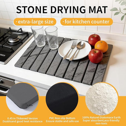 Stone Dish Drying Mat for Kitchen Counter, 24"×16" Quick Dry Stone Dishes Mat, Foldable Water Absorbing Diatomaceous Earth Drying Mats with Non-Slip Heat-Resistant Base for Dishes Utensils(Dark Gray) - Image 3