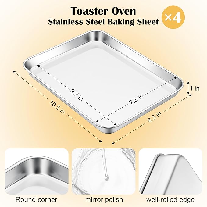 E-far Small Baking Sheet Set of 4, 10.5”x8.3” Stainless Steel Cookie Sheets Pans, Compact Non-toxic Metal Toaster Oven Trays for Cake, Healthy & Rust Free, Mirror Finish & Dishwasher Safe - Image 2