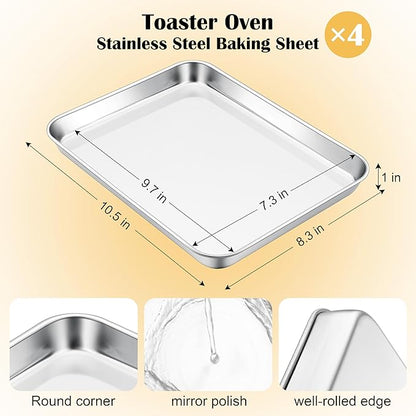 E-far Small Baking Sheet Set of 4, 10.5”x8.3” Stainless Steel Cookie Sheets Pans, Compact Non-toxic Metal Toaster Oven Trays for Cake, Healthy & Rust Free, Mirror Finish & Dishwasher Safe - Image 2