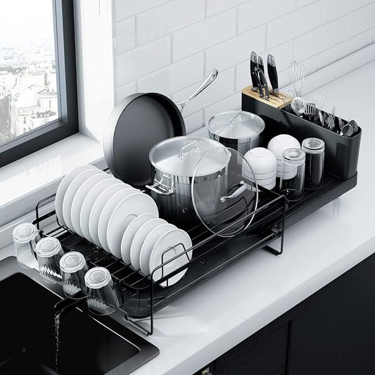 Kitsure Large Dish Drying Rack - Extendable Dish Rack, Multifunctional Dish Rack for Kitchen Counter, Anti-Rust Dish Drainers with Cutlery & Cup Holders 19.2"-26.7" L x 12.9" W, Black by Kitsure