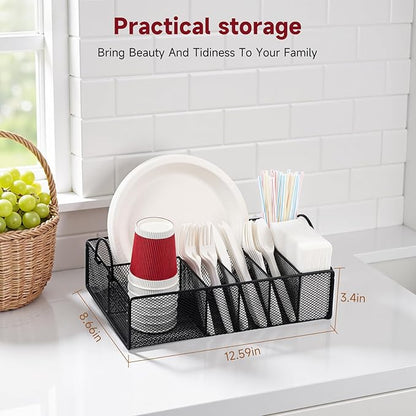 Utensil Caddy with Handle, Metal Paper Plate Holder for Kitchen Counter,Silverware Cutlery Caddy Organizer Flatware Storage for Plastic Spoon Fork Plates Napkins Cup Party Camping Black - Image 2