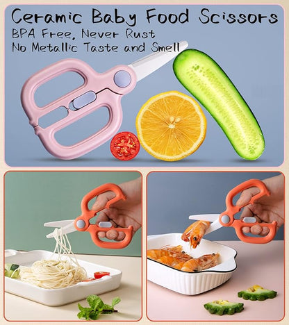 Ceramic Baby Food Scissors Kids with Travel Case, Toddler Scissors with Safety Lock, Ideal for Pizza, Meats, Noodles, Vegetables, and Fruits (A/B)