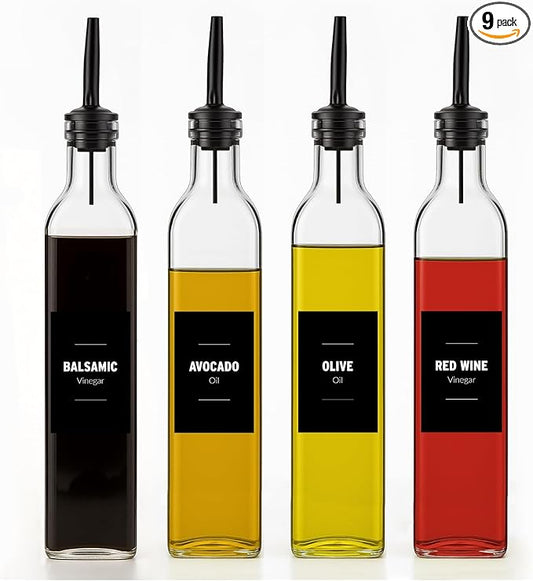 Olive Oil & Vinegar Dispenser Bottle Set with Stainless Steel Pourer, Funnel & Labels - Glass Kitchen Oil Cruet - Dispenser Bottle for Coffee Syrup, Soy Sauce, Cooking Sauces & More - 500ml - Set of 4 by Unknown