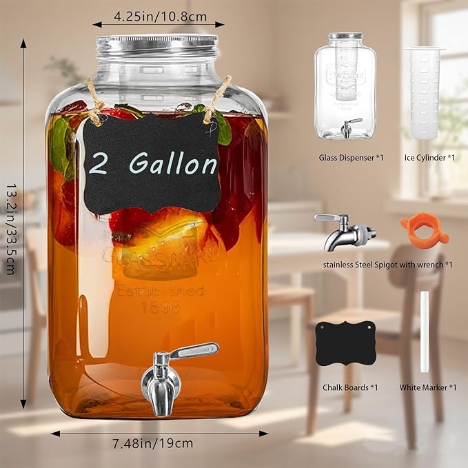 2 Gallon Glass Drink Dispenser with Stainless Steel Spigot,1 Pack Glass Beverage Dispenser Water Lemonade Dispensers for Parties - Image 2
