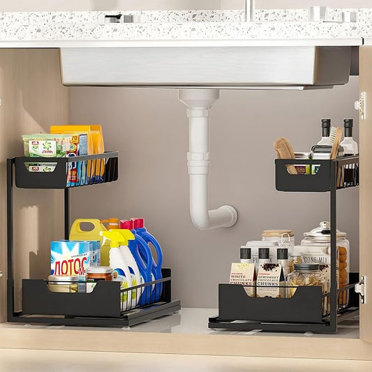 Ceetug Under Kitchen Sink Organizers and Storage Pull Out 2 Tier Metal Bathroom Cabinet Organizer (Black, 2 Pack) by ceetug