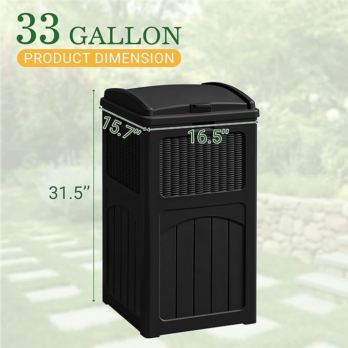 Greesum 33 Gallon Outdoor Trash Can with Lid, Waterproof Resin Garbage Bin for Hideaway, Deck, Patio, Dark Black