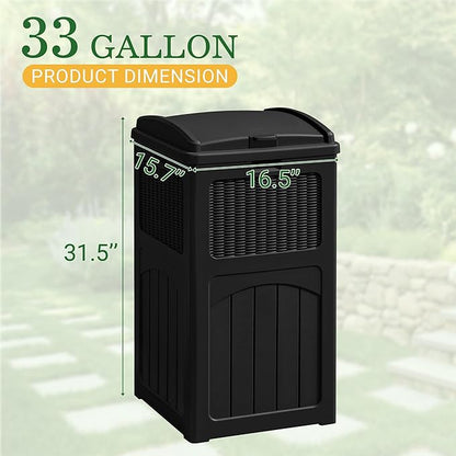 Greesum 33 Gallon Outdoor Trash Can with Lid, Waterproof Resin Garbage Bin for Hideaway, Deck, Patio, Dark Black