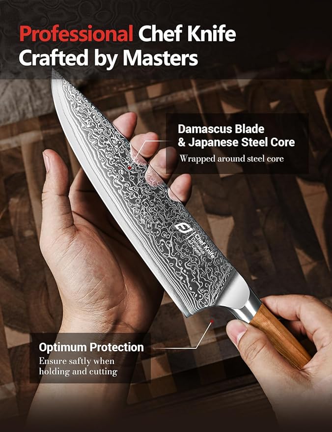 Emojoy Damascus Kitchen Knife Set, 3 PCS Japanese Chef Knife Set, 67-Layers Damascus Knife with Original Olive Wood Handle, Include Wooden Gift Box - Image 6