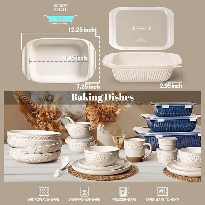 Artena Baking Dish 2.3 Quarts, Casserole Dishes For Oven, Baking Pan With Handles, Lasagna Pan Deep, Large Casserole Dish, Rectangular Ceramic Bakeware, White (Baking Dish With Lids) - Image 2