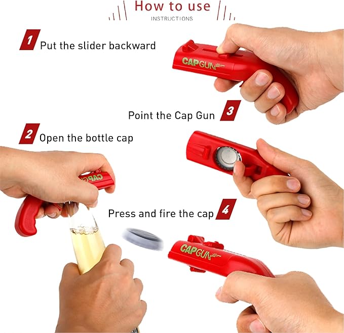 Cap Shooting Bottle Opener Gun - Launches Caps for World Cup Parties, BBQs & Adult Gatherings, Fun Gadget for Men, Unique Gag Gift for Sports Events (1 pc red)