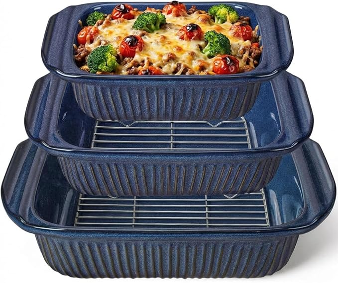 Artena Casserole Dishes For Oven, Ceramic Baking Dish, Large Lasagna Pan With Handles, Baking Pan Casserole Dish, Rectangular Bakeware Deep, Set Of 3 (5.1Qt/2.3Qt/1.1Qt) (Blue - Baking Dish With Rack) by Artena