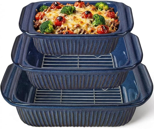 Artena Casserole Dishes For Oven, Ceramic Baking Dish, Large Lasagna Pan With Handles, Baking Pan Casserole Dish, Rectangular Bakeware Deep, Set Of 3 (5.1Qt/2.3Qt/1.1Qt) (Blue - Baking Dish With Rack) by Artena