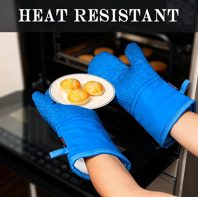 Oven Mitts and Pot Holders Sets 6pcs, Kitchen Oven Glove,High Heat Resistant 550 Degree Extra Long Oven Mitts and Potholders with Non-Slip Silicone Surface for Home Essentials (Grey) (Navy Blue) - Image 4