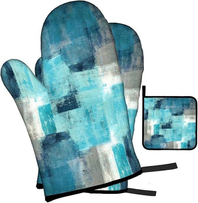 LOKMU Oven Mitts and Pot Holders Set of 3, Teal and Grey White Abstract Art Heat Resistant Kitchen Gloves Hot Pads for Cooking Baking BBQ, Kitchen Decor Gifts for Cooking Lover Cooks