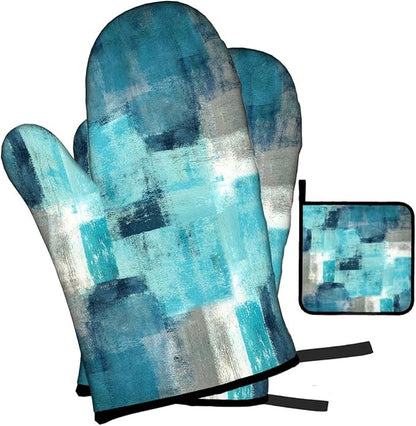 LOKMU Oven Mitts and Pot Holders Set of 3, Teal and Grey White Abstract Art Heat Resistant Kitchen Gloves Hot Pads for Cooking Baking BBQ, Kitchen Decor Gifts for Cooking Lover Cooks