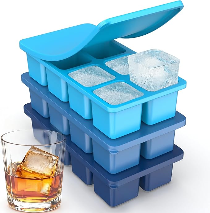 Large Silicone Ice Cube Trays with Lids, ZDPMK 3 Pack Large Ice Cube Molds for Whiskey, Easy-Release 2 Inch Square Big Ice Cube Molds for Freezer, Cocktails, Iced Coffee, Baby Food, Dishwasher-Safe by ZDPMK