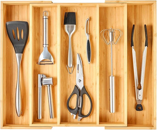 Umilife Expandable Kitchen Drawer Organizer, 2.5" High Bamboo Utensils Silverware Tray, Adjustable Large Deep Wood Organization Holder by Umilife