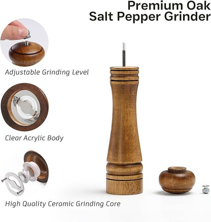 Wood Salt and Pepper Grinder, Salt Grinder and Pepper Mill, Oak Wood Shakers with Adjustable Ceramic Grinders - 10 inches, 1 Pack - Image 2