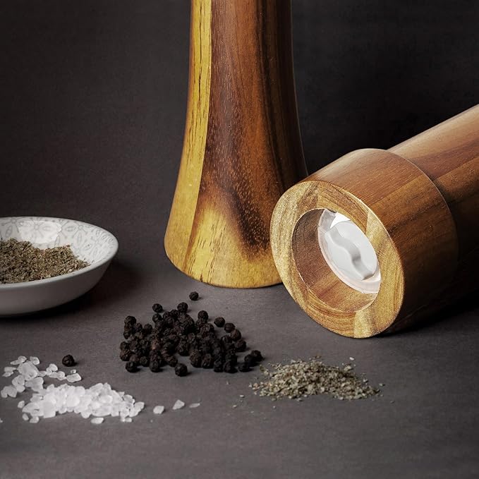 Wooden Salt and Pepper Grinder Set Chess Piece Design – Refillable Manual Spice Mills with Adjustable Coarseness, Ceramic Core Acacia Wood 8 Inches