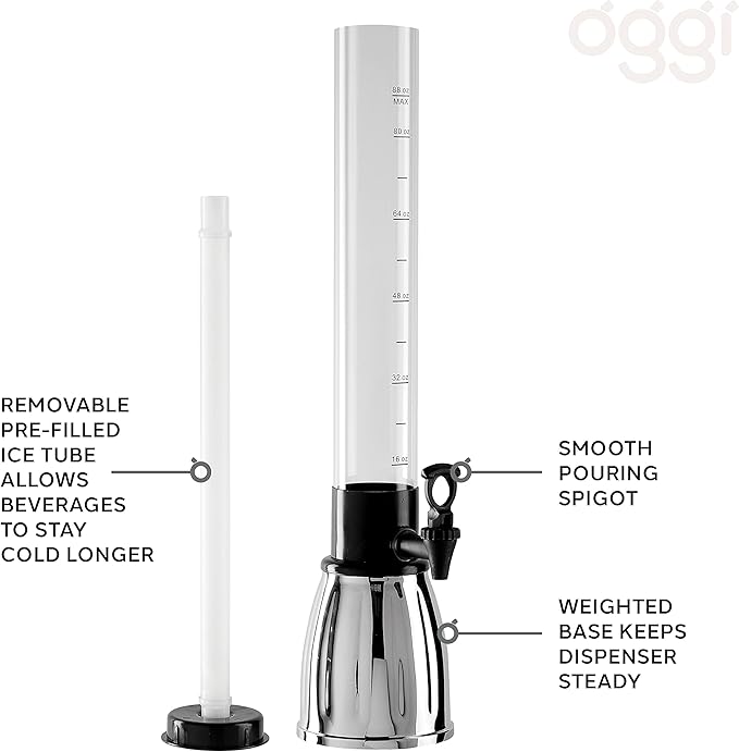 OGGI Beer Tower 88oz - Beverage Dispenser with Spigot & Ice Tube, Margarita Tower, Mimosa Tower, Perfect Drink Dispensers for Parties, Drink Tower, Holds 6 Pints of Beer – Stainless - Image 5