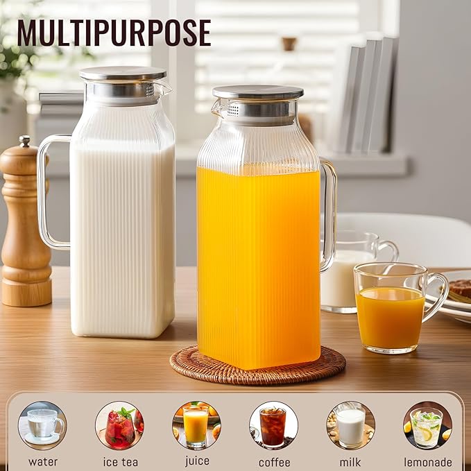 2 Pack 2 Liter/68 oz Square Glass Pitcher with Lid, Classic Stripes Water Pitchers with Handle for Fridge, Large Jug for Iced Tea, Borosilicate Glass Carafe for Hot/Cold Brew Drink, Silver - Image 3