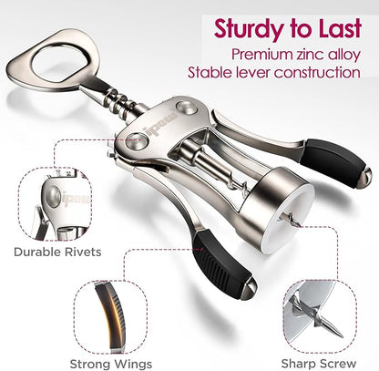 IPOW Wine Opener, Zinc Alloy Wine Bottle Opener, Wing Corkscrew Heavy Duty, Manual Multifunctional Cork Screw for Waiter, Satin Nickel - Image 6