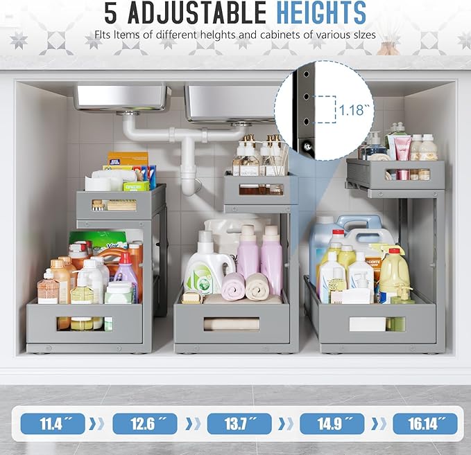 2 Pack 17IN Depth Under Sink Storage Organizer, Large 2-Tier Elegant Mesh Pull Out Shelf for Kitchen and Bathroom Cabinet Organization, L-Shaped and Adjustable Height Design-Gun Gray - Image 4