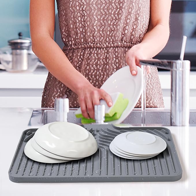 Dish Drying Mat for Kitchen Counter, with Built-in Drain Lip, Food-Grade Silicone, Easy Clean Pad for Countertop Protection, Multi-Functional Use (18 x12 Raised Sink, Grey) - Image 7