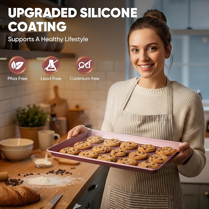 Sakerplus Nonstick Baking Sheet Pan Set of 3, Heavy Duty Cookie Sheets for Oven with Stripe Texture Pattern, 0.6mm Thick Quarter/Half/Jelly Roll Pans, Rust-Resistant & Easy Clean (Pink) - Image 6