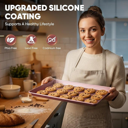 Sakerplus Nonstick Baking Sheet Pan Set of 3, Heavy Duty Cookie Sheets for Oven with Stripe Texture Pattern, 0.6mm Thick Quarter/Half/Jelly Roll Pans, Rust-Resistant & Easy Clean (Pink) - Image 6
